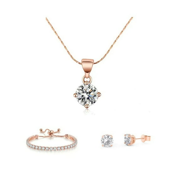 18K Rose Gold 3 Set White Sapphire Round Necklace, Earrings Plated by Paris Jewelry