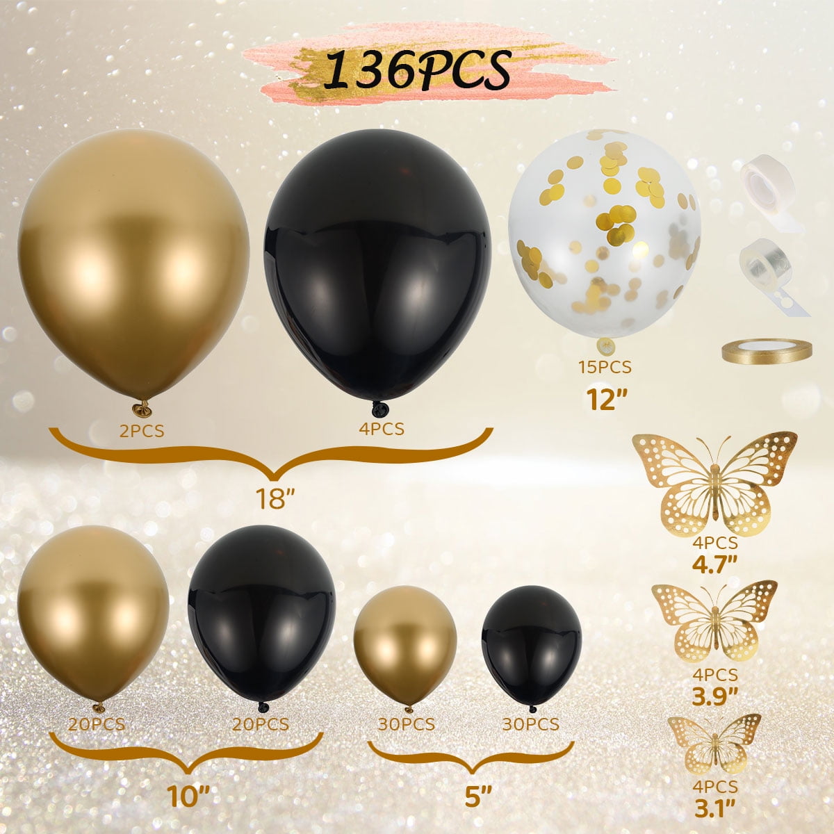 PartyWoo Gold and Black Balloon Garland Kit, 78 pcs of 8 Paper Fans, 5 Gold  Leaves, 10 Gold Butterflies, 2 Jumbo Black Balloons