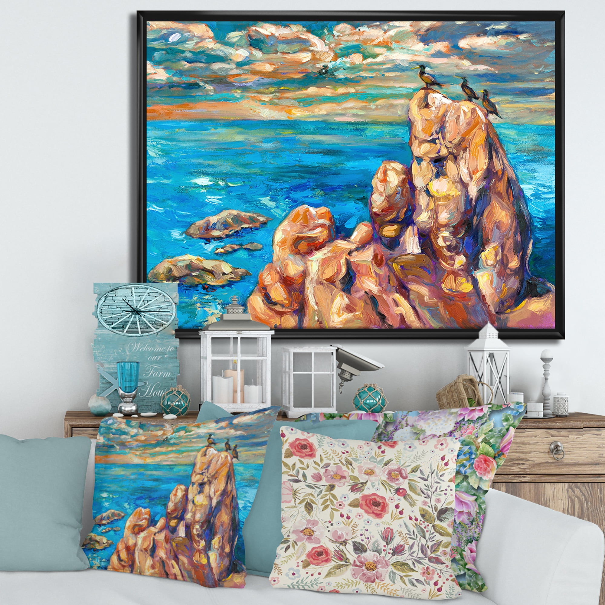 Designart 'The Blue Ocean By Rocky Cliffs I' Nautical & Coastal Framed Canvas Wall Art Print