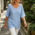 thumbnail image 6 of Yrmaups Loose Fit Short Sleeve T Shirt for Women, Casual V Neck Blouse, Soft Stretch Button Down Tee for Beach Travel Office Daily Wear, Light Blue L, 6 of 8