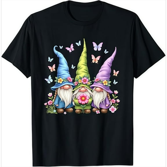 Fashion Graphic Tee,Tops Has Enchanting Garden Gnome Trio Print Pattern,Casual Round Neck Regular Fit T-shirts, Size(S-5XL)