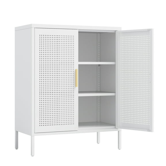 Lisonu Heavy-Duty Metal Garage Cabinet, Lockable Steel Storage with 2 Adjustable Shelves for Workshop & Utility Room, 180lb Shelf Capacity, White