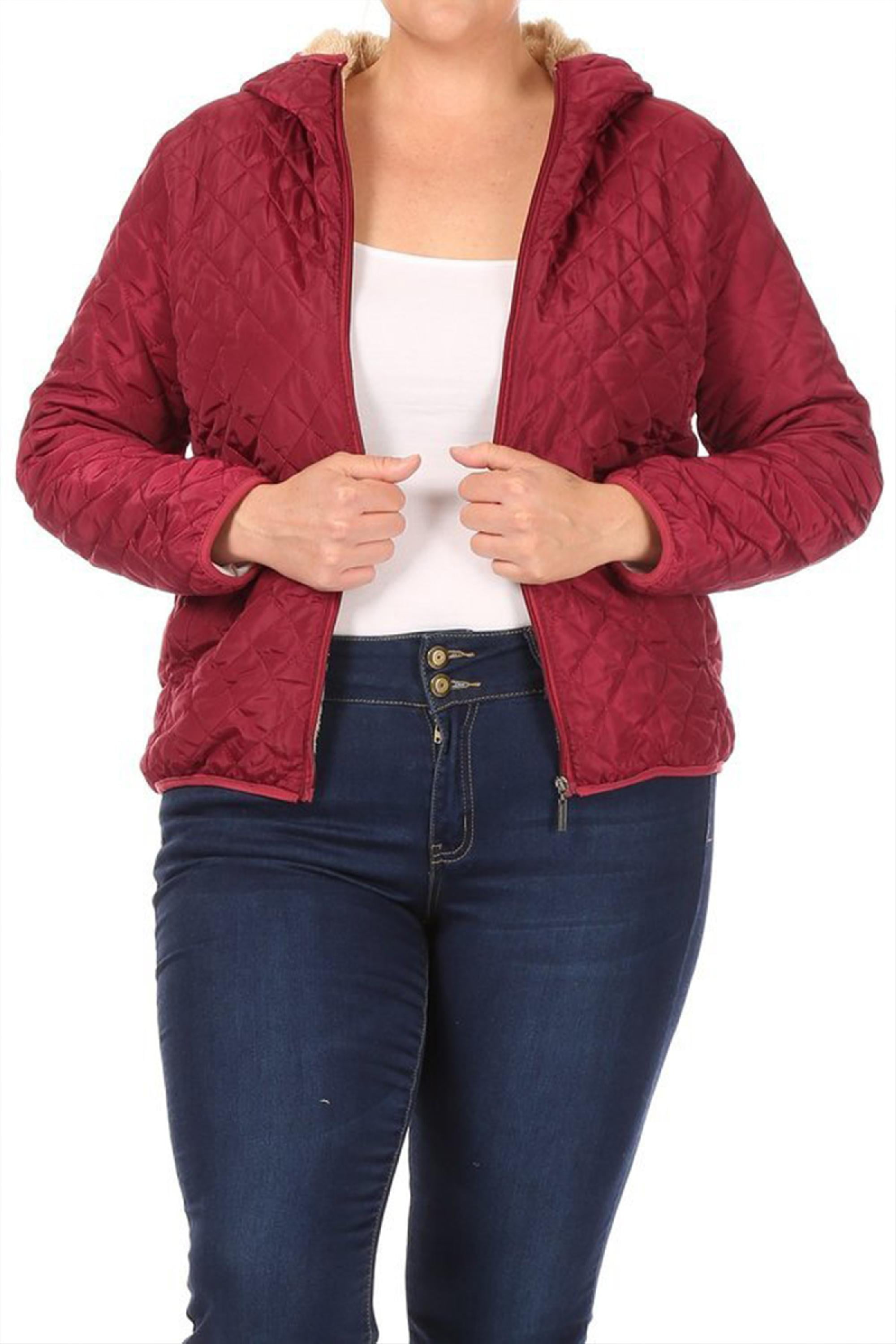 Women's Casual Plus Size Hooded Fleece Solid Puffer ZipUp Winter Jacket Large to 2XL