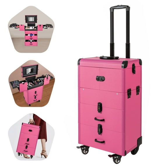 Rolling Makeup Train Case Zinc Alloy Salon Cosmetic Trolley Organizer Box with Key