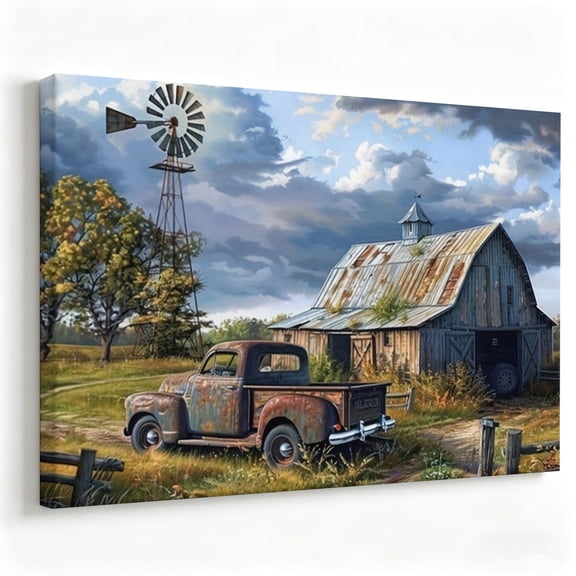 Vintage Rusty Truck and Barn Canvas Wall Art Farmhouse Country Landscape Poster Windmill Scene Painting Living Room Bedroom Decor Print Ready to Hang 8*12