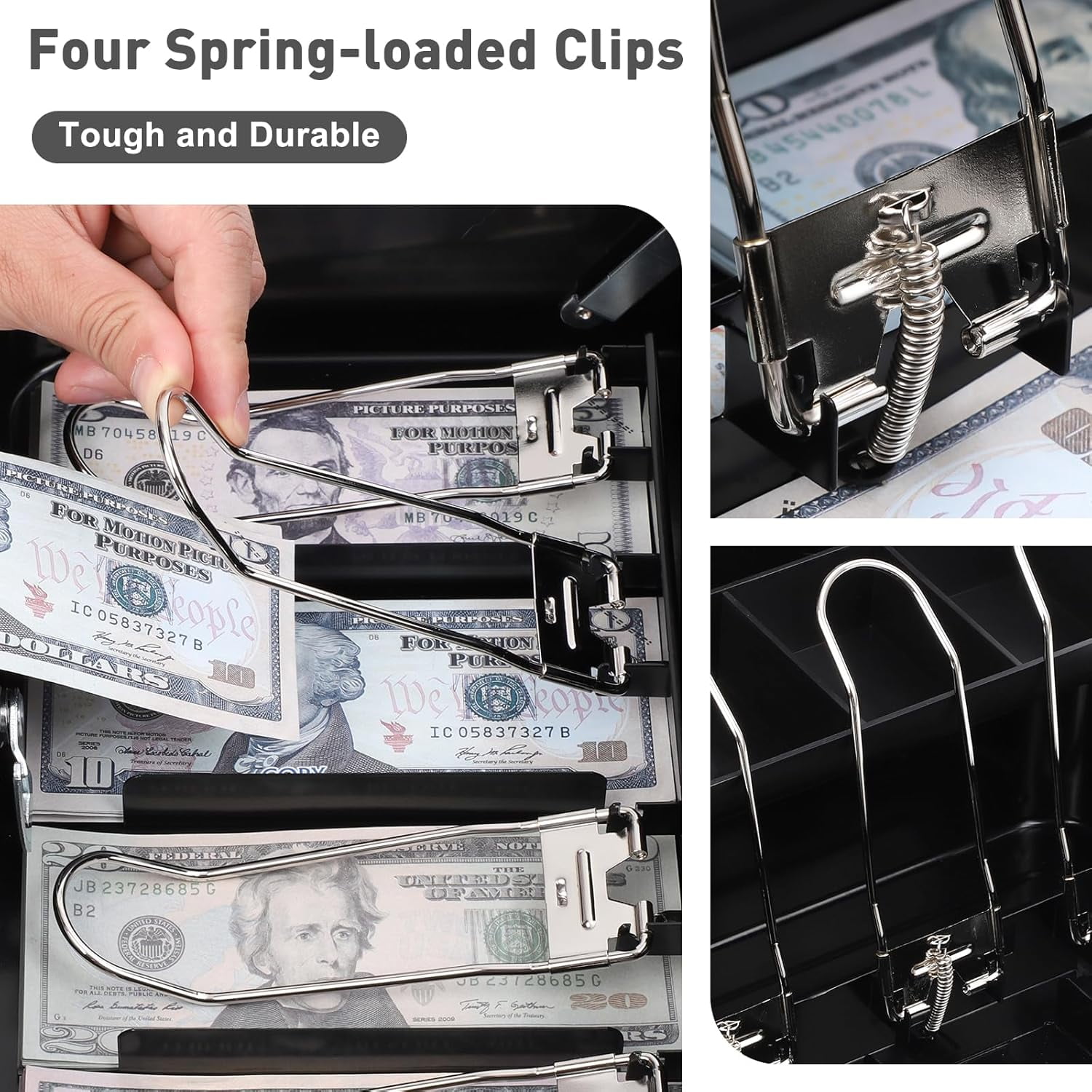 Cash Box Metal Money Box with 5 Coin Trays Cantilever Design & 4 Bill Slot with Spring Clips to Organize and 2 Keys Lock Box Suitable for Valuables 11.8x9.44x3.54in Size