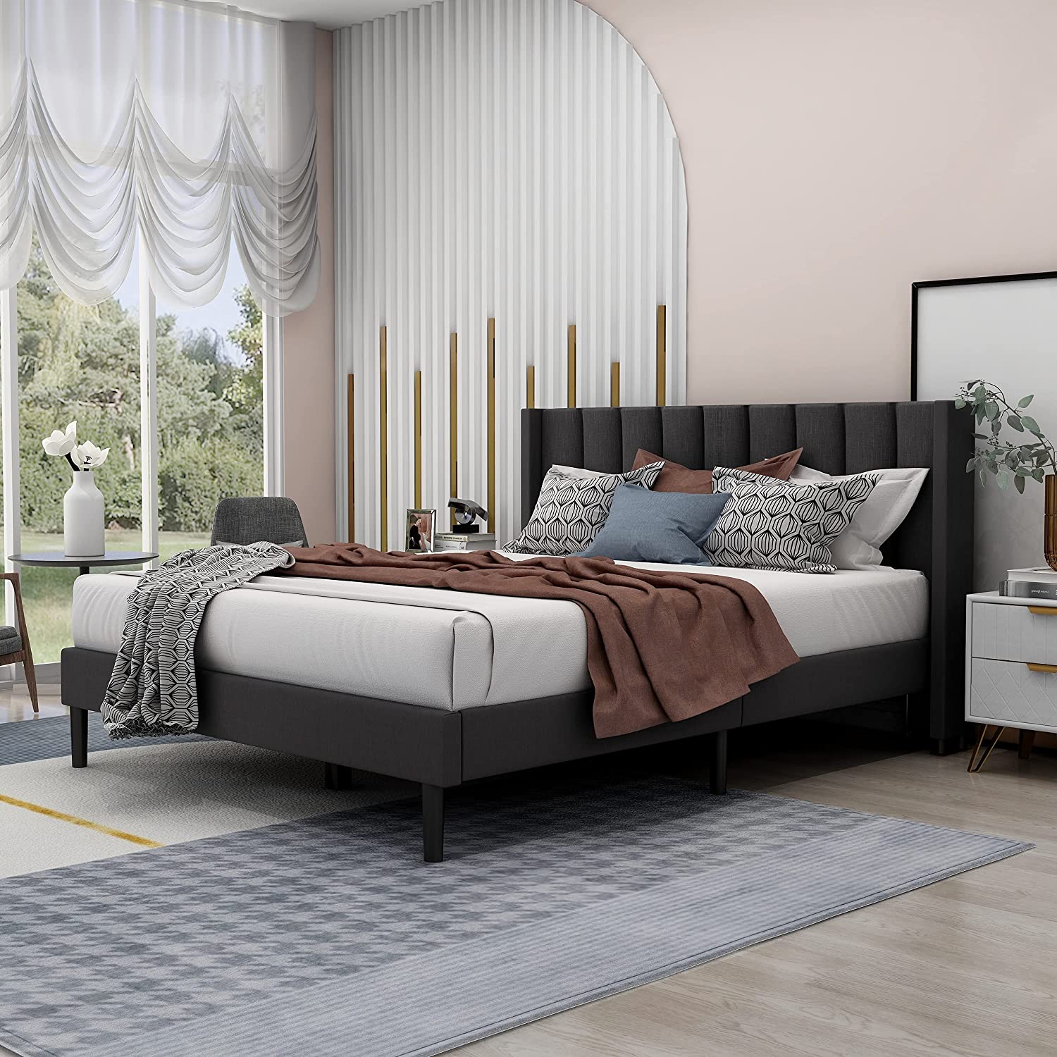 alazyhome Upholstered Platform Bed Frame with Headboard,Darkgrey,Queen