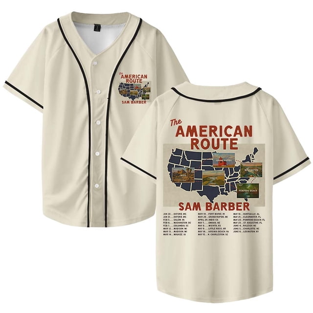 Sam Barber The American Route Tour 2026 Jersey de béisbol camisa con cuello en V mujeres hombres ropa de calle de manga corta,Beige,XXS