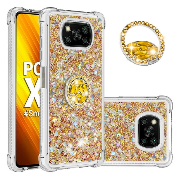 Funda para Xiaomi Poco X3 NFC/X3 PRO con Brillo Líquido Flotante, Purpurina, Parachoques y Anillo Giratorio Soporte
