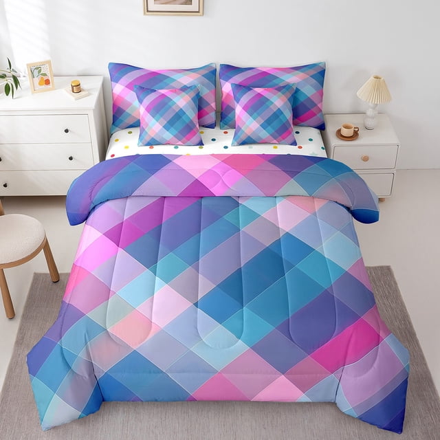 Rainbow Geometric Comforter Set Twin,Colorful Abstract Striped Bedding Set,Diamond Geometry Bed In A Bag (Comforter+Fitted+Flat Sheet+2 Pillowcases+2 Throw Pillow Covers) 7 Pieces Bed Set