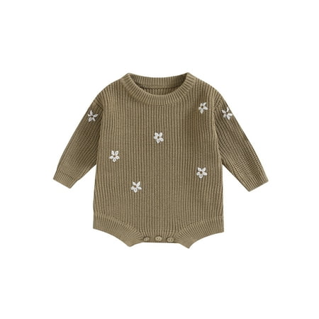 

Shuttle tree Infant Baby Girl Knitting Jumpsuit Flower Embroidery Round Neck Long Sleeve Romper for Fall Winter