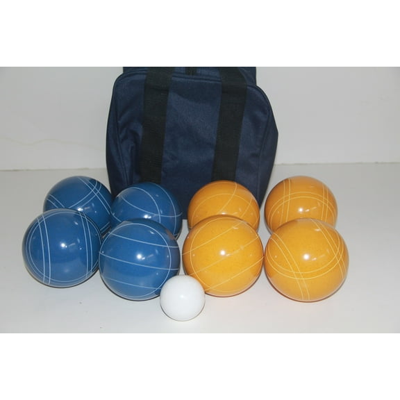 Italian/American Made, 110mm EPCO Bocce Set - Rustic Yellow/Blue Balls and Blue/Black Bag