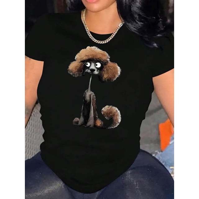 T-Shirt Imprimé Chien Original pour Femmes - Col Rond Décontracté Manches Courtes, Haut d'Été Confortable en Mélange de Polyester, Lavable en Machine Fête des Pères, Fête des Mères, Nouvel An, Festival du Printemps, Saint-Valentin