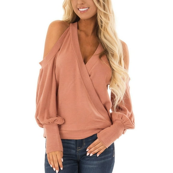 AOOCHASLIY Christmas Tops Women's Fashion V-neck Suspenders Off-the-shoulder Long Sleeve Tops Blouse
