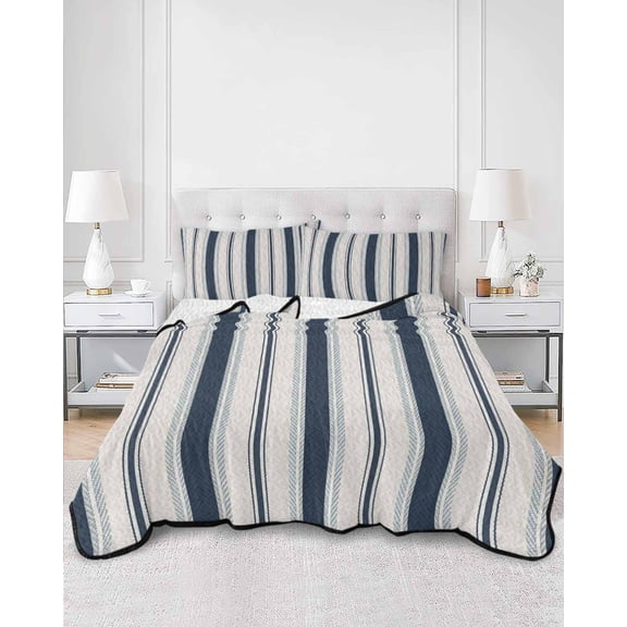 Quilts Twin Size, Navy Blue Beige Soft Comforter Bedding Set for Bed, Retro Simple Abstract Vertical Stripes Lightweight Quilted Bedspread with Pillow Cover(2 Pieces) for All Season, 68x86 Inch