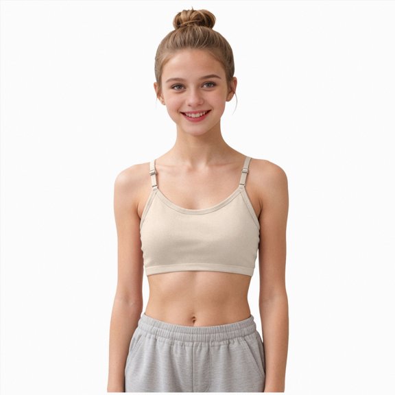 Ymyiu Girls Bras Padded Girls Training Bra Seamless Sport Bras for Teens Strappy Scoop Neck Yoga Crop Top Dance Kids Teens Size 12-14 Years(Beige, 12-14 Years)