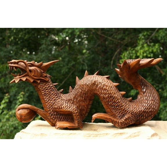 Wooden Crawling Dragon Handmade Sculpture Statue Handcrafted Gift Art Decorative Home Decor Figurine Accent Decoration Artwork Hand Carved Size: 12" long x 6" tall x 3.5" deep