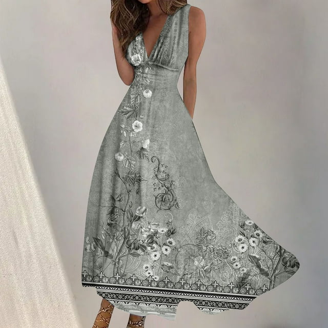 Fankiway Robe Longue Sans Manches à Col en V Imprimée Mode Printemps/été pour Femmes Robes de Plage Grande Taille pour Femmes