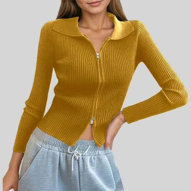 MHFRRA Cárdigan de Punto Acanalado con Doble Cremallera para Mujer, Top Corto Ajustado con Cuello Amarillo