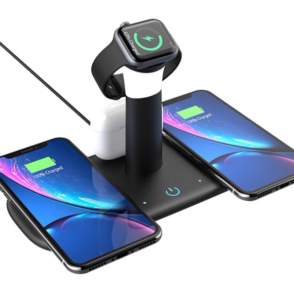 WINGOMART Station de Recharge Rapide Sans Fil 5 en 1 avec Veilleuse, Certifiée Qi pour iPhone 11 Pro / TP / Xr / 8, Samsung, Iwatch 6 / SE / 5/4/3 et Airpods - Noir