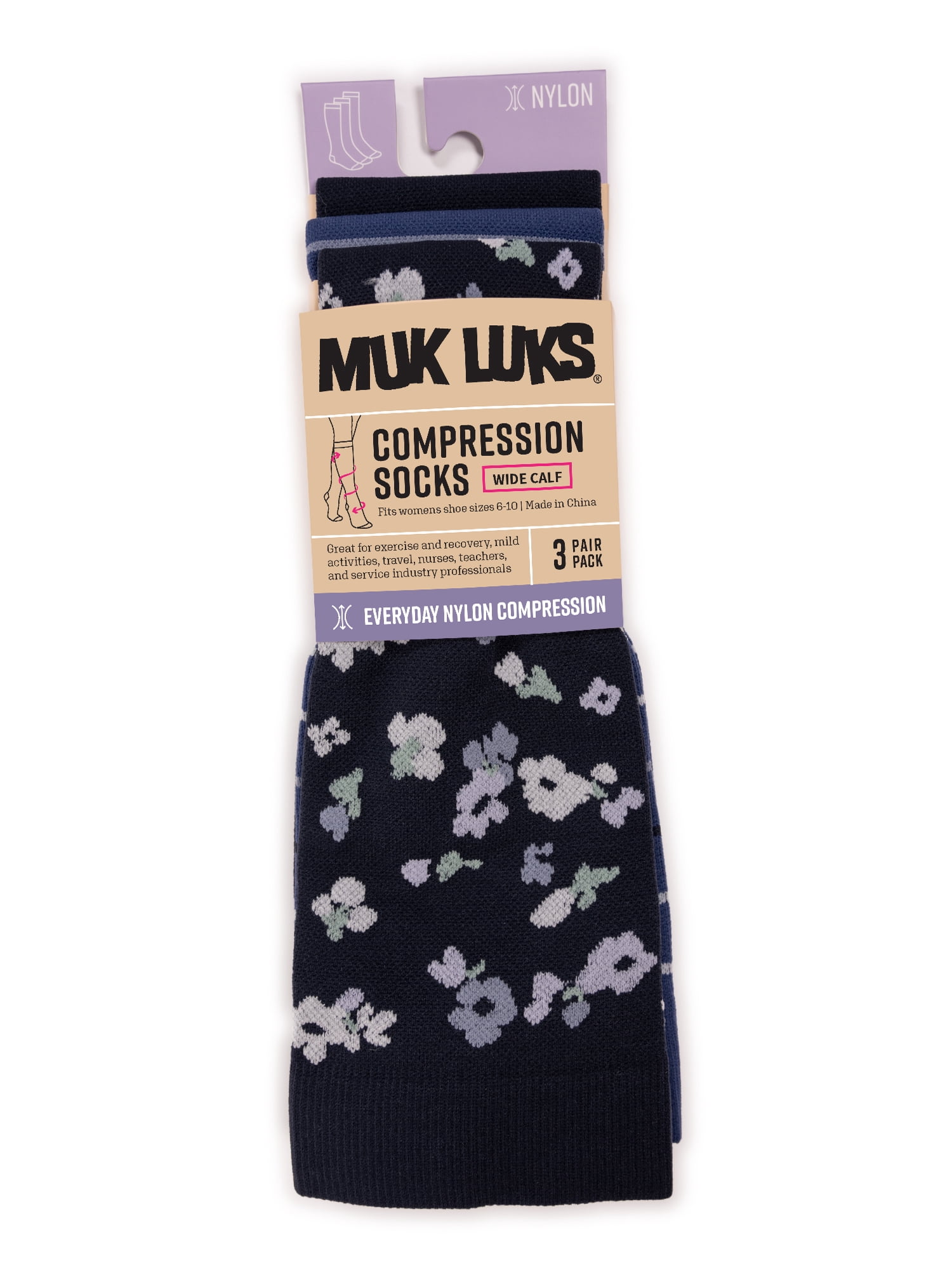 MUK LUKS Women's Wide Width Compression Nylon Knee-High Socks, 3-Pack, Shoe Size 6-10