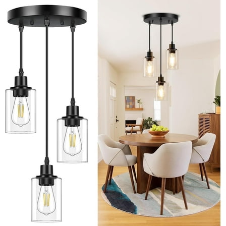 3-Light Pendant Light Fixtures Cluster Pendant Kitchen Island Pendant Lighting with Clear Glass Shade Hanging Light Fixtures with Adjustable Cord for Dining Room, Hallway, Living Room