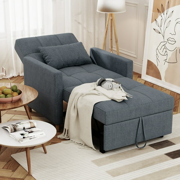 AECOJOY 31.5" 3-in-1 Convertible Chair Bed Sleeper & Futon Sofa Bed Chair with Adjustable Backrest and 2 Pillows-Dark Grey