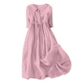 thumbnail image 2 of Meichang Cotton Linen Dresses for Women Solid Lapel Button Midi Dresses 3/4 Sleeve Tie Waist A Line Dresses Flowy Pleated Casual Dresses Pink M, 2 of 6