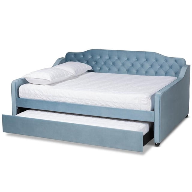 Bowery Hill Transitional Velvet Tufted Full Size Daybed with Trundle in Blue