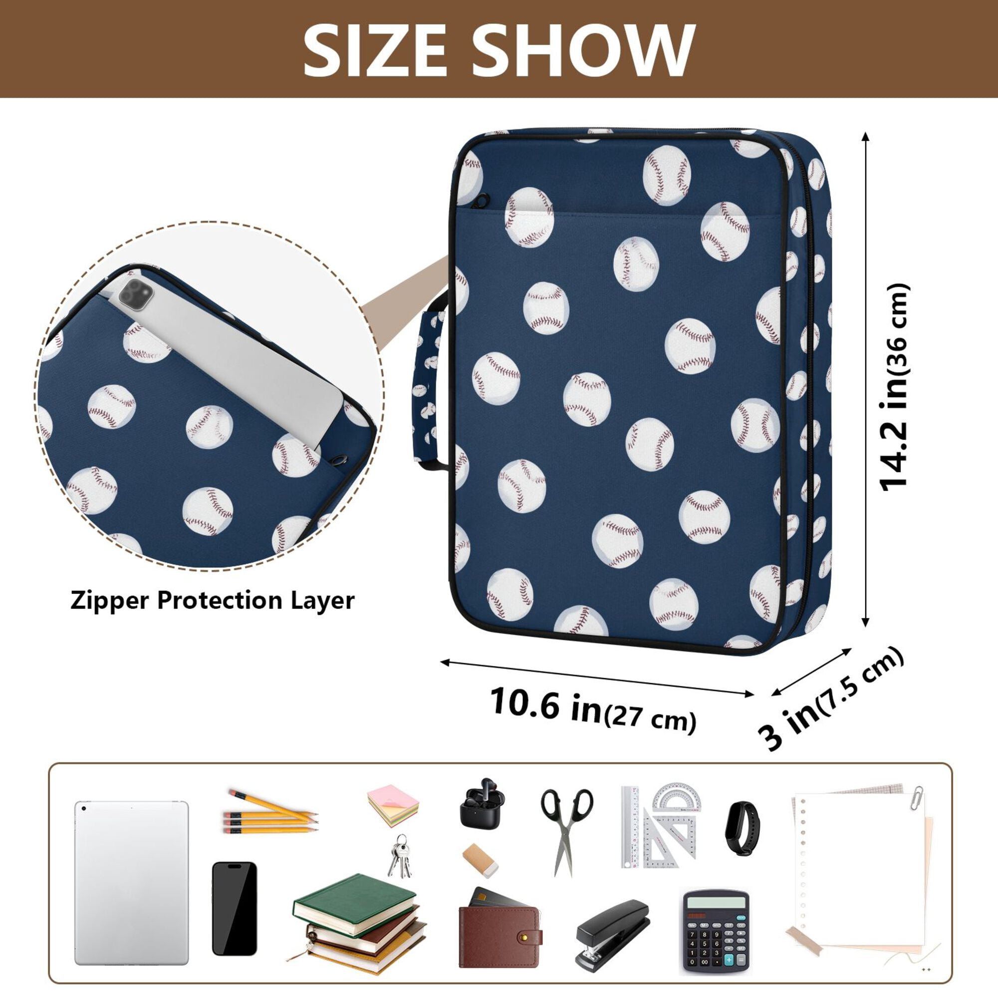 FORMRS Accordion File Folder A4 Size 7-Pocket Expanding Document Organizer Bag with 3 Ring Binder, Navy Blue Baseball Pattern