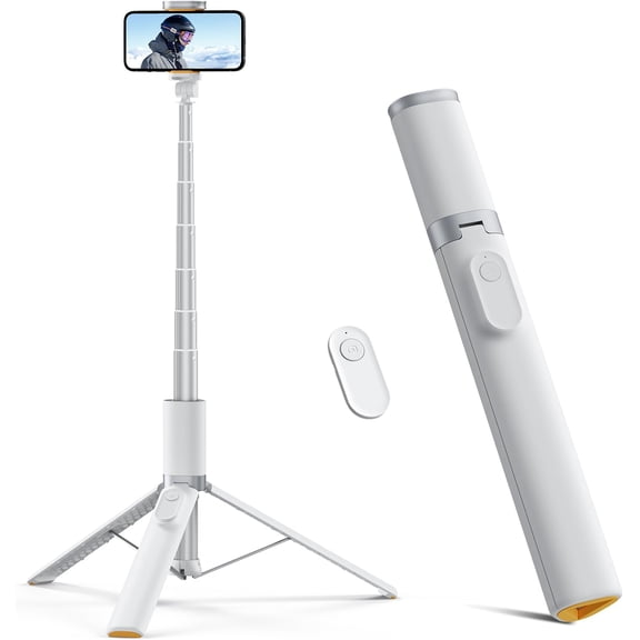 63" Phone Tripod, Extendable Selfie Stick with Wireless Remote and Holder, Portable All-in-1 Cell Tripod Stand for Video Recording, Compatible iPhone/Android (White)