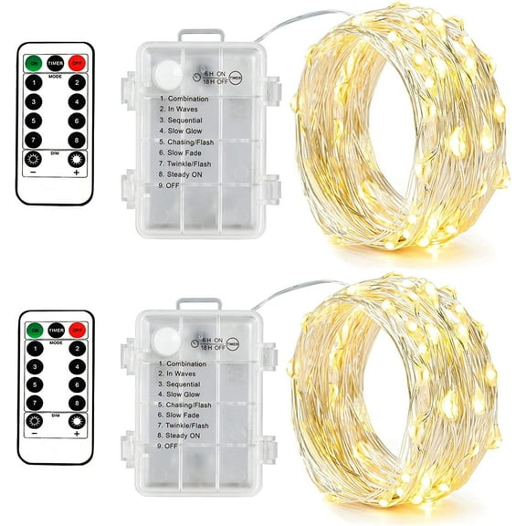 2-Pack Fairy Lights Indoor and Outdoor Battery Powered, 16 Feet 50 LED 8 Modes Silver Wire Timer Christmas String Lights with Remote Control for Tree Bedroom Party Wedding Decoration (Warm White)