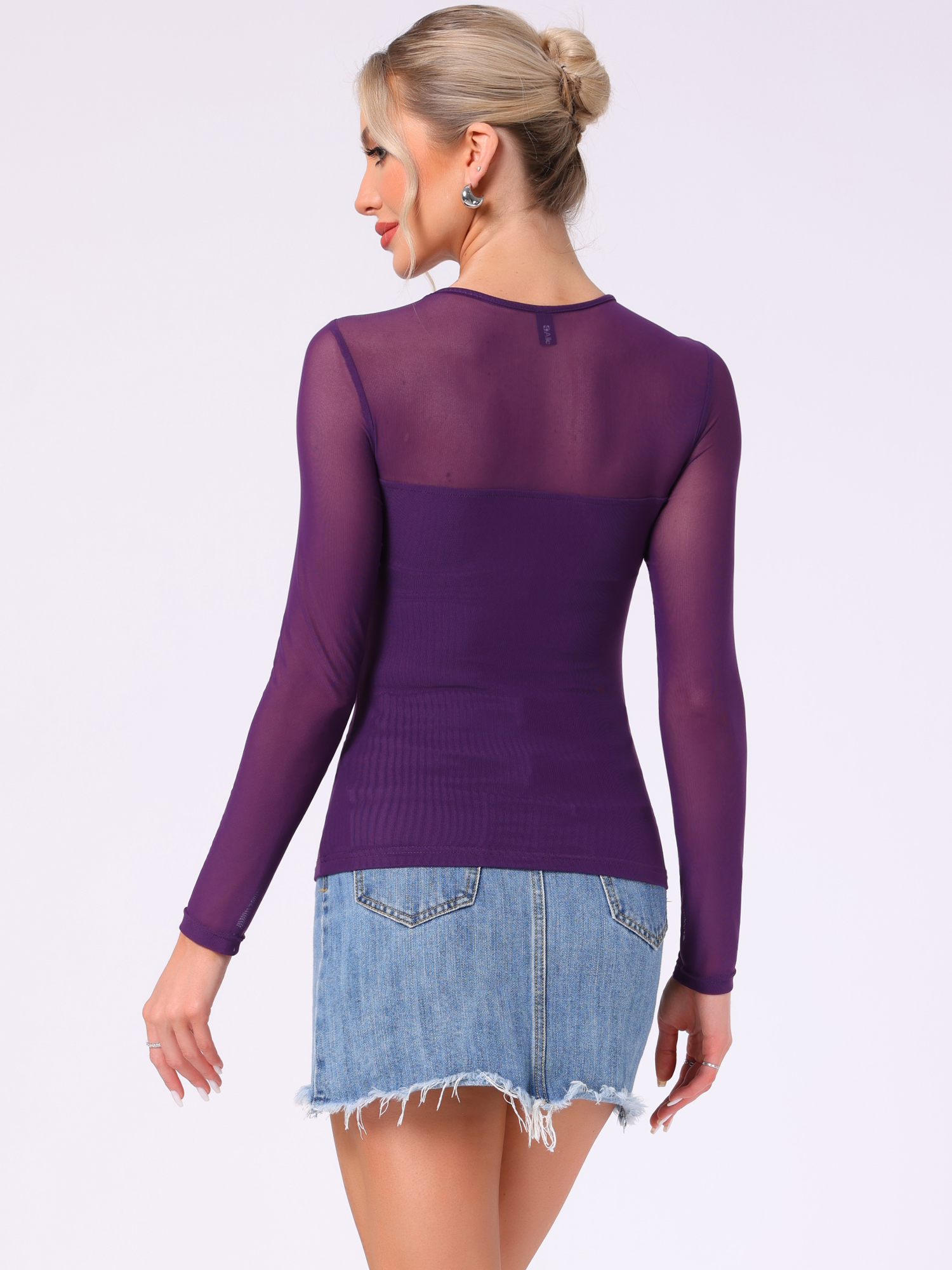 DARING DIVA Women's Mesh Long Sleeve See Through Sheer Top L Dark Purple