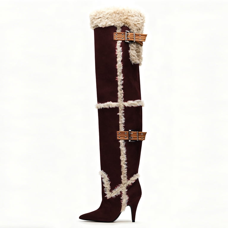 FSJ Women Thigh High Fur Boots Over-The-Knee Shearling Trim Buckle