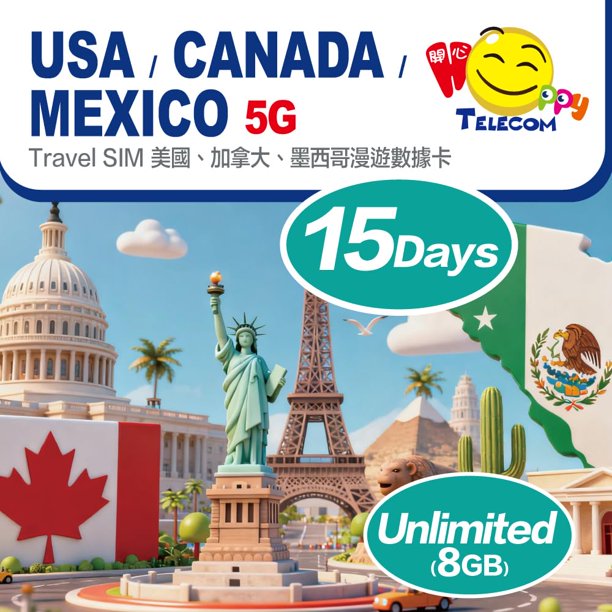 Tarjeta SIM de viaje HAPPY 5G EE. UU., Canadá, México, 15 días y 8 GB