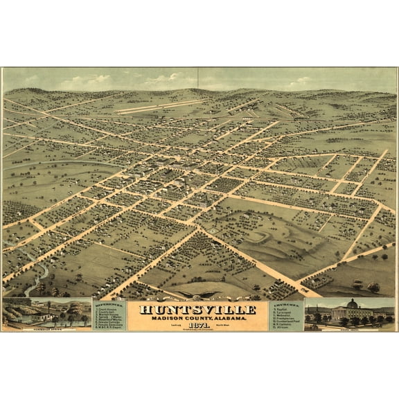 24"x36" Gallery Poster, Birdseye view map of Huntsville, Alabama 1871