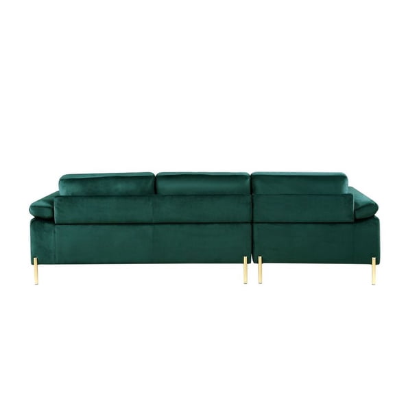 Emerald Velvet L-Shaped Sofa - 3 Seat Mid-Century Glam Living Room Furniture (101" W x 51.6" D x 33" H) - Plush Green Upholstery, Brass Gold Legs, Foam Cushions for Cozy Corners