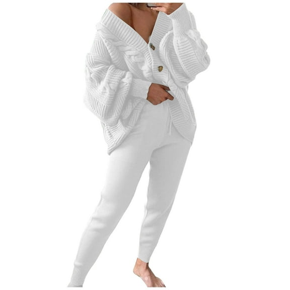 Babysbule Lounge Sets for Women Women's Stylish V-neck Solid Sweater Set Knitted Cardigan Coat Pants Two Piece Set Tracksuit Homewear