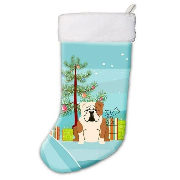 Merry Christmas Tree English Bulldog Fawn & White Christmas Stocking