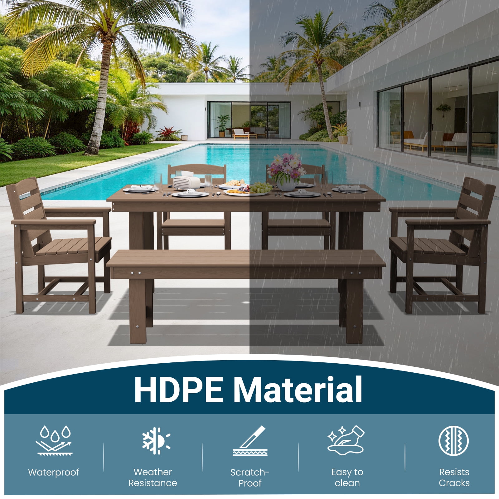 LOYALICE 6 Pieces Patio Furniture Set, HDPE Outdoor Dining Table Set with 1 Bench, 4 Chairs, Durable and Weather-Resistant for Patio, Garden and Balcony Use, Brown