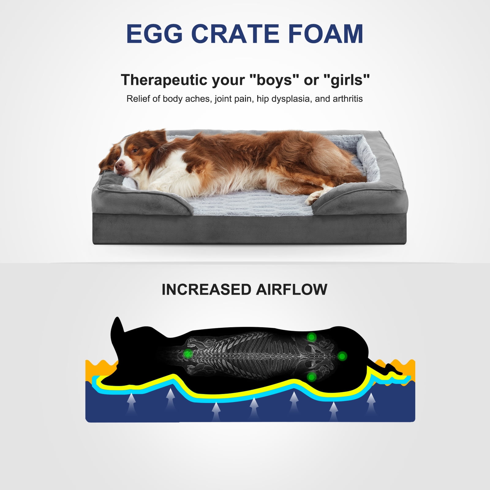 Extra Large Orthopedic Dog Bed, Waterproof Dog Couch Bed with Removable Washable Cover, Dog Sofa Bed X Large, Egg Crate Foam, Waterproof Lining, Nonskid Bottom, Gray, 42in