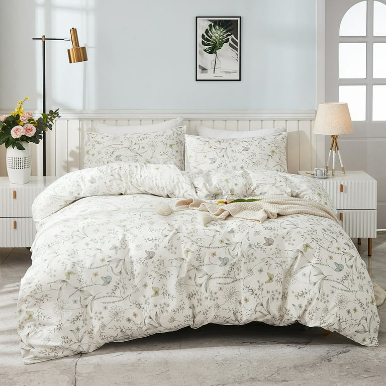 Floral Duvet Cover Set White Organic Cotton Duvet Cover Cottagecore Flower  Printed Reversible Bedding Set King Size