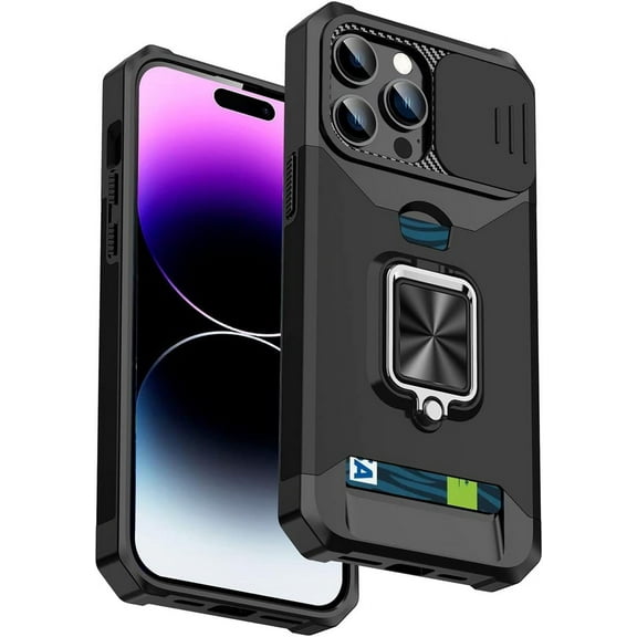 for iPhone 14 Pro Max Case with Camera Cover, Slide Lens Protection Phone Case with Card Holders Built-in Magnetic Kickstand Cover for iPhone 14 Pro Max TC Black