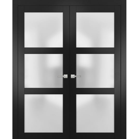 Sartodoors Lucia 2552 Matte Black Solid French Double Doors with Frosted Glass | Wood Panel Frame with Trim | Sturdy Doors for Closet or Bedroom | 60 x 80 inches