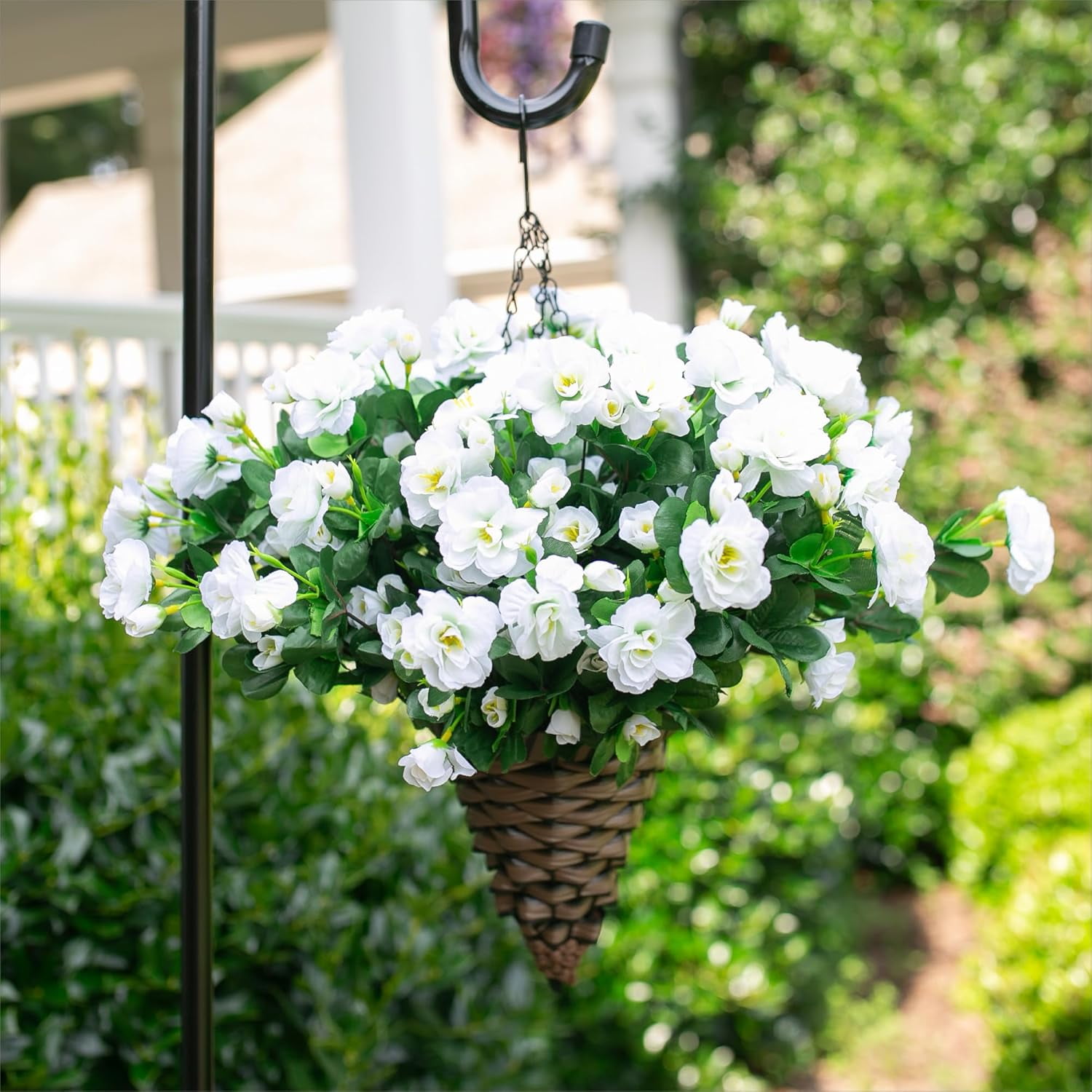 Artificial Fake White Flowers Plants for Spring Outdoor Outside, Faux Silk Camellia UV Resistant Realistic for Front Door Porch Patio Balcony Garden Yard Decor, 3 Large Bundles
