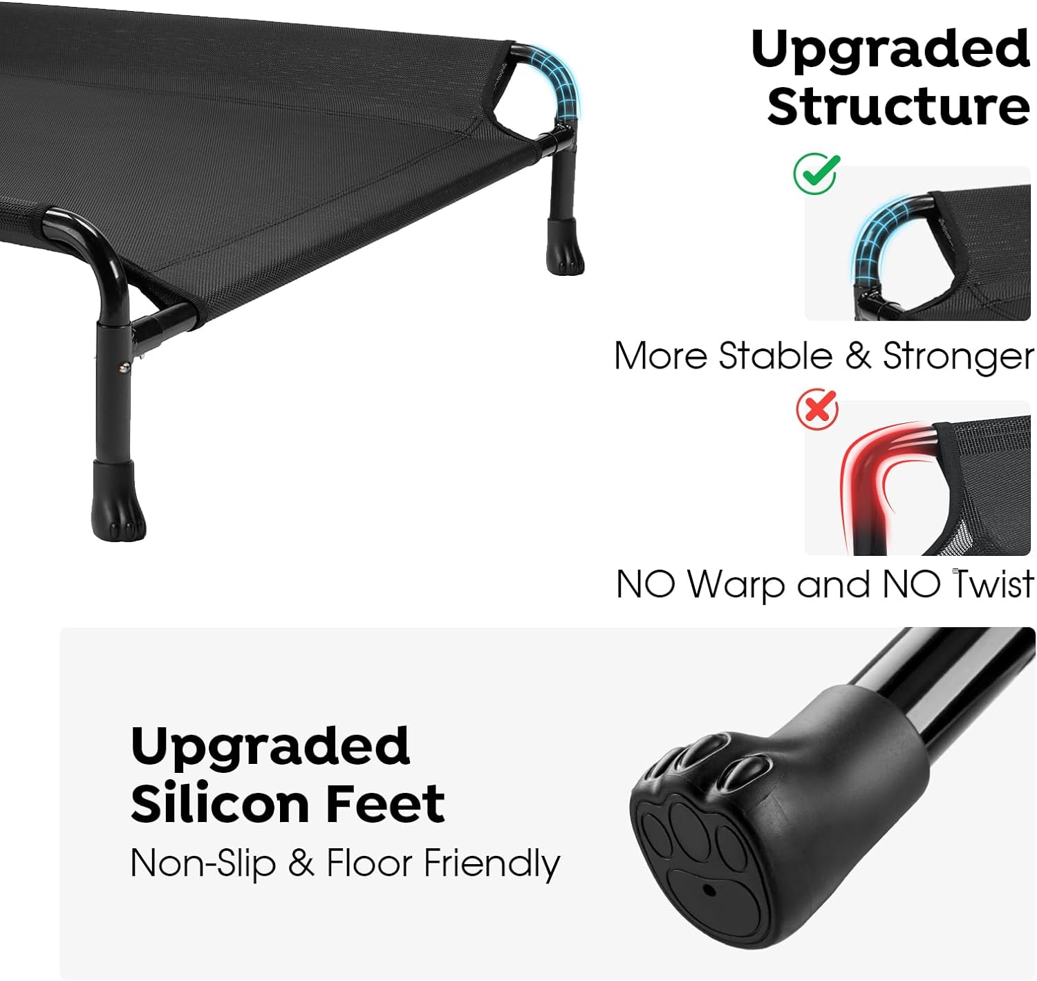 Elevated Dog Bed, Raised Dog Cots for Large Dogs, Waterproof Outdoor Dogs Bed, Cooling Pet Hammock with Guardrail, Upgraded Non-Slip Feet, Breathable Teslin Mesh, Black, 41 x 27 inches