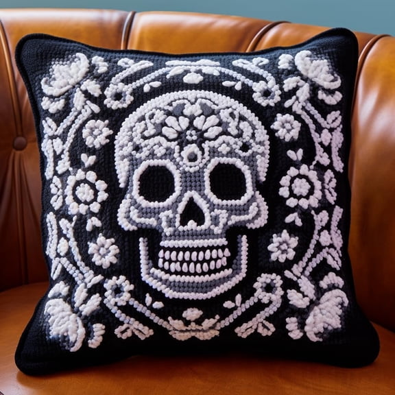 Latch Hook Kits Pillow Black And White Skull Flower Crochet Yarn Cushion Colour Pre-Printed Canvas Rug Needlework Diy Pillowcase Hook And Latch Kit Christmas Home Arts Crafts Sofa Decoration