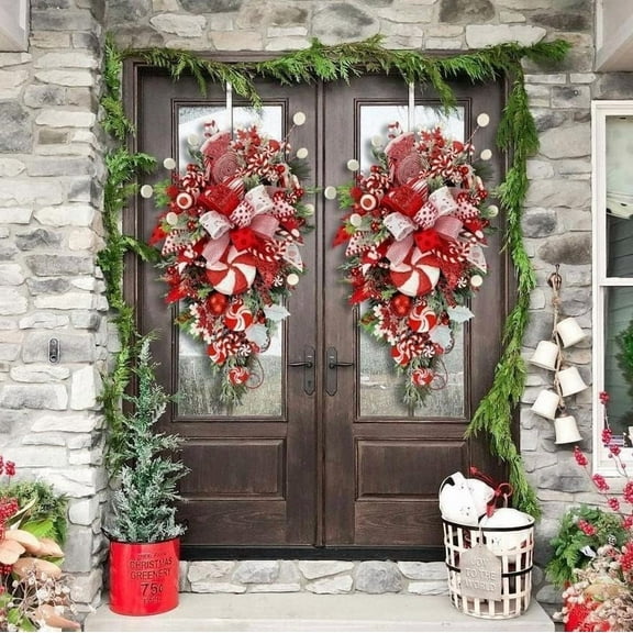 19.7" Christmas Candy Cane Teardrop Wreath, Festive Candy Cane Bow Christmas Wall Hanging, Large Red White Xmas Door Decor Indoor Outdoor Holiday Porch Christmas Decoration(2PCS)