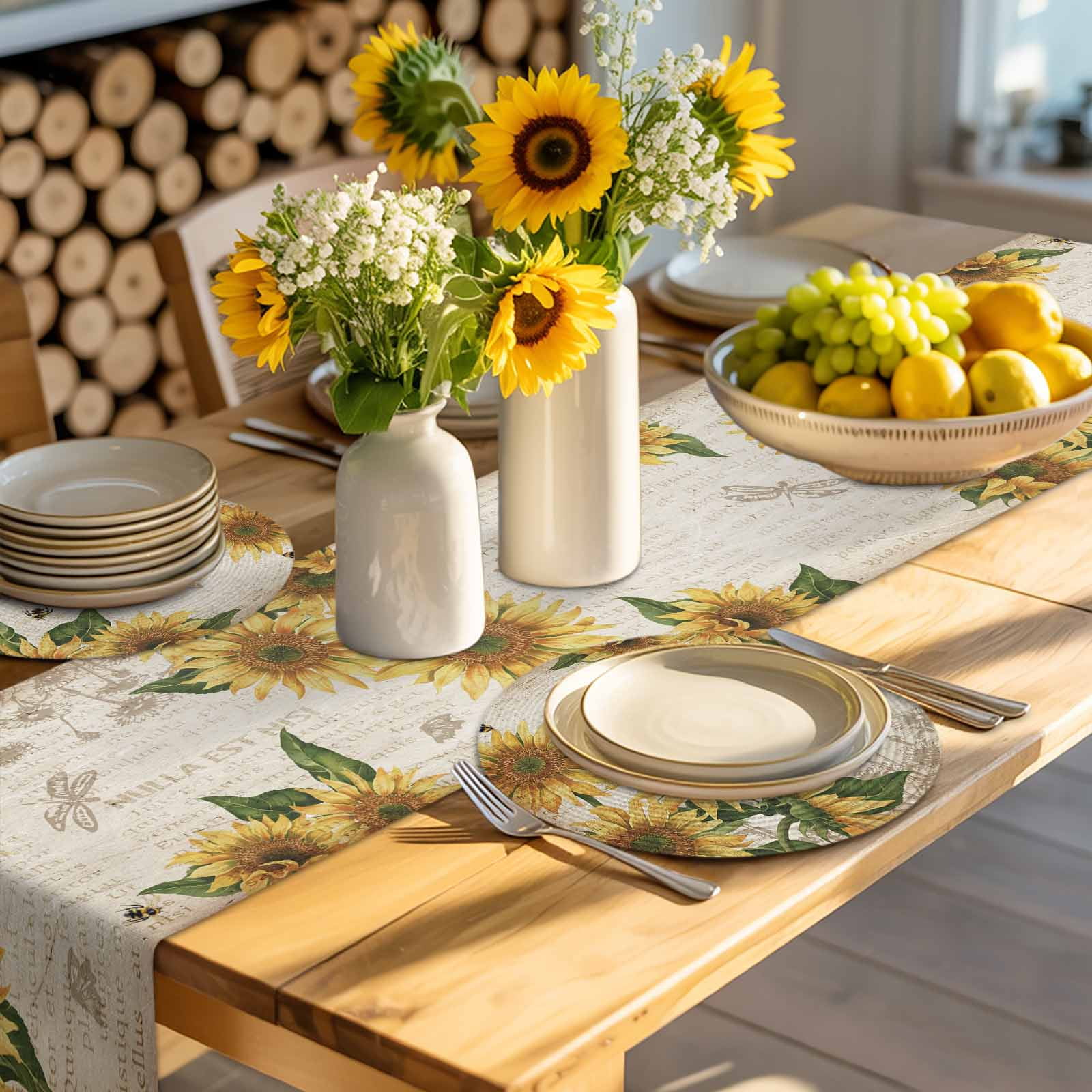 Yellow Farmhouse Sunflowers Round Table Placemats set of 6, Leaves Bee Butterfly Washable Woven Place Mats for Dining Tables Kitchen Party Decor,Heat Proof, 13in,