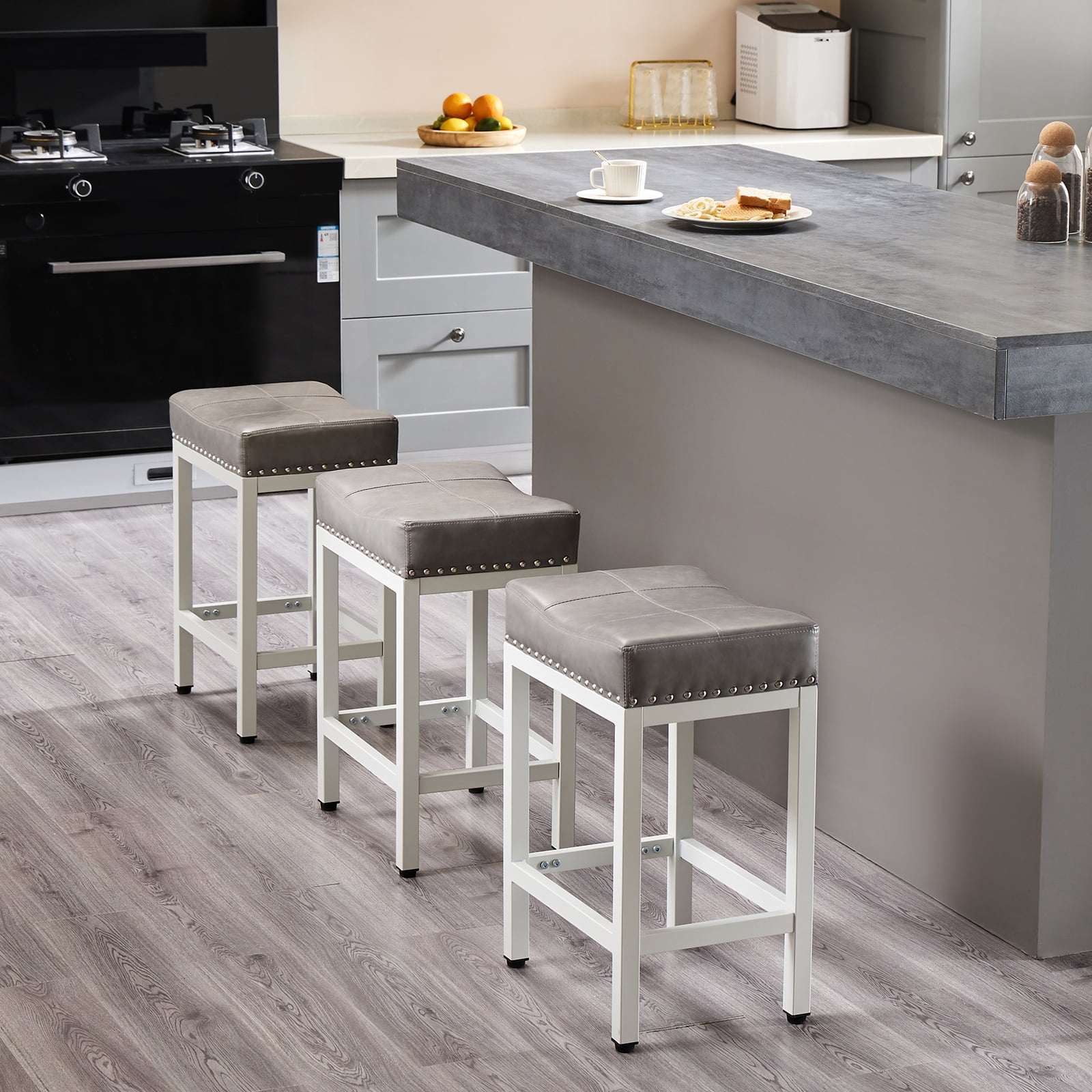 MAYEERTY Bar Stools Set of 2, Modern Counter Height, Kitchen Barstools with Metal Base, PU Leather Saddle Seats for Kitchen Island, Gray